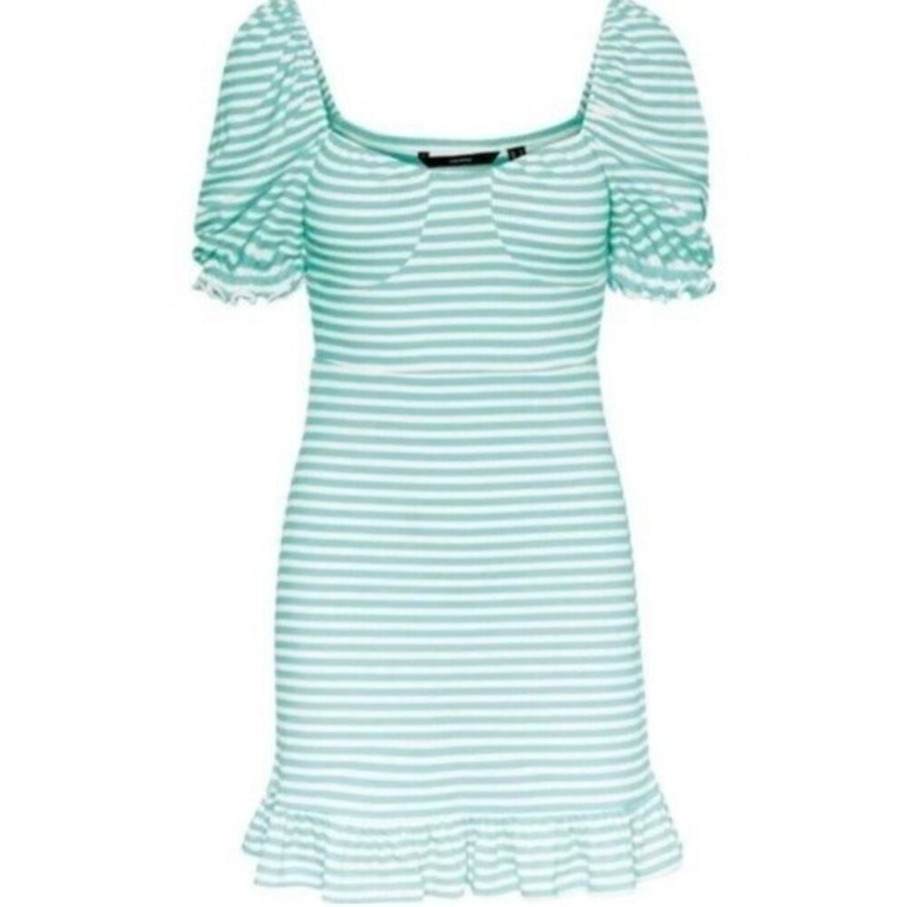 NWOT Vero Moda | Green White Puff Sleeve Ribbed Ruffled Bodycon‎ Mini Dress L